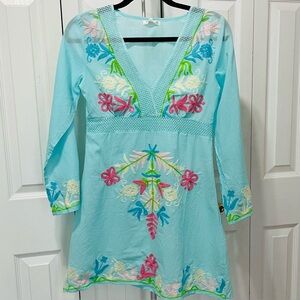 Debbie Kratz Embroidered Aqua V-Neck Coverup with Floral Detail